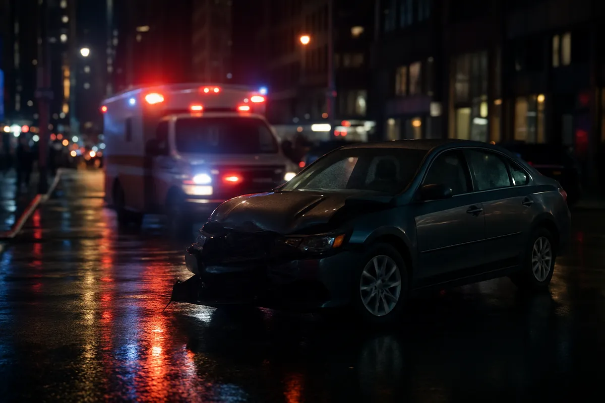 New York nighttime drunk driving accident scene with an ambulance