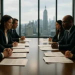 Two sides facing off across a conference table in a New York commercial litigation dispute