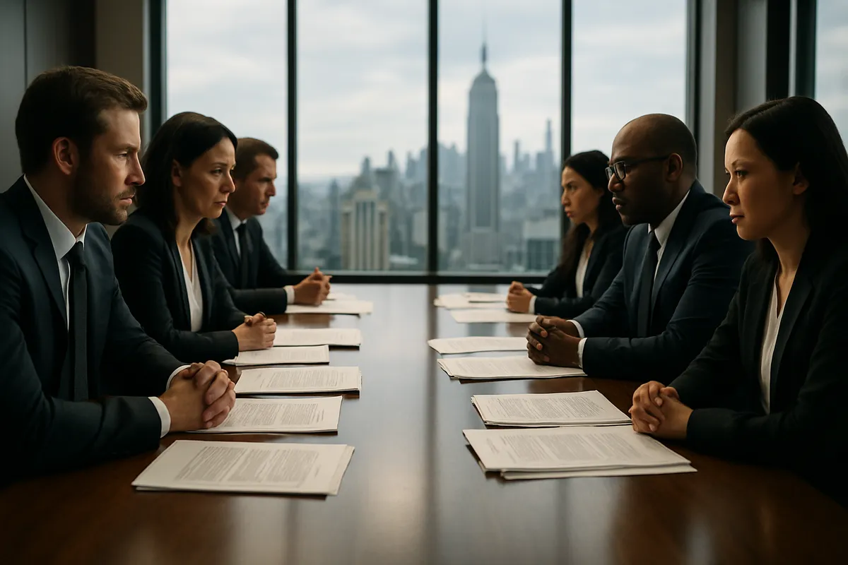 Two sides facing off across a conference table in a New York commercial litigation dispute