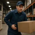 New York warehouse worker in pain after lifting a heavy box — proving a work-related hernia for workers' comp