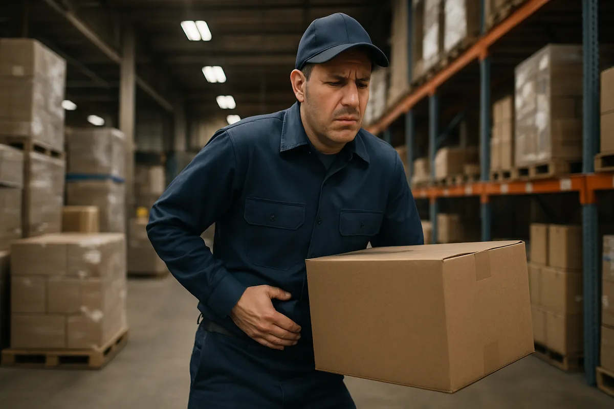New York warehouse worker in pain after lifting a heavy box — proving a work-related hernia for workers' comp