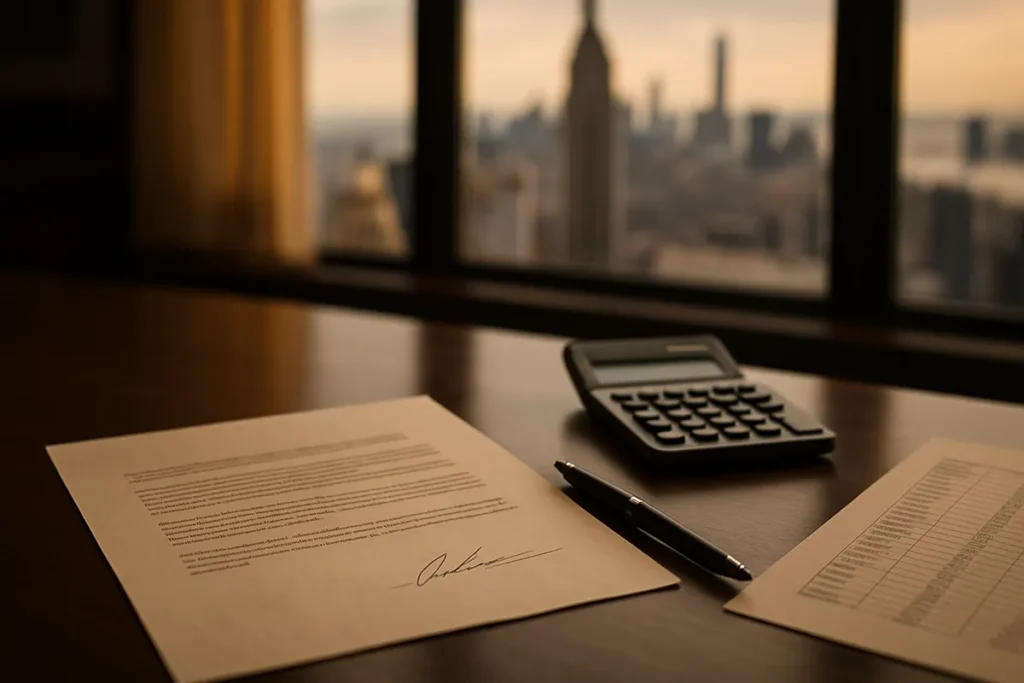 New York injury lawyer contingency fee retainer agreement and net recovery breakdown on a desk