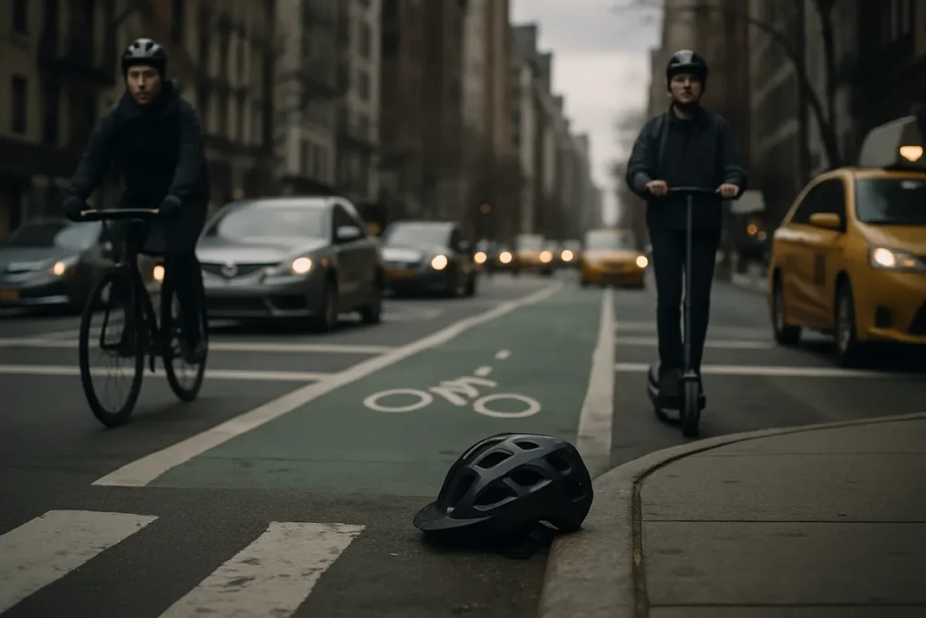 New York City bike lane where a bicycle and e-scooter mix with car traffic, illustrating cyclist accident risk