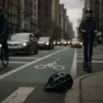 New York City bike lane where a bicycle and e-scooter mix with car traffic, illustrating cyclist accident risk