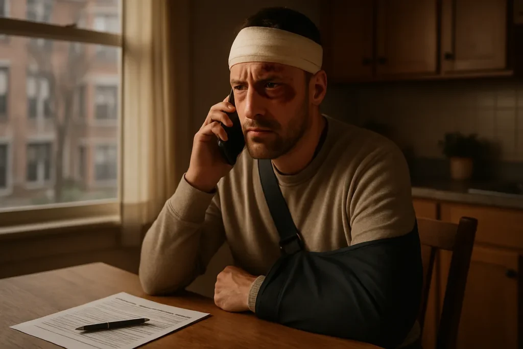 New York injury victim on the phone with an insurance adjuster after an accident