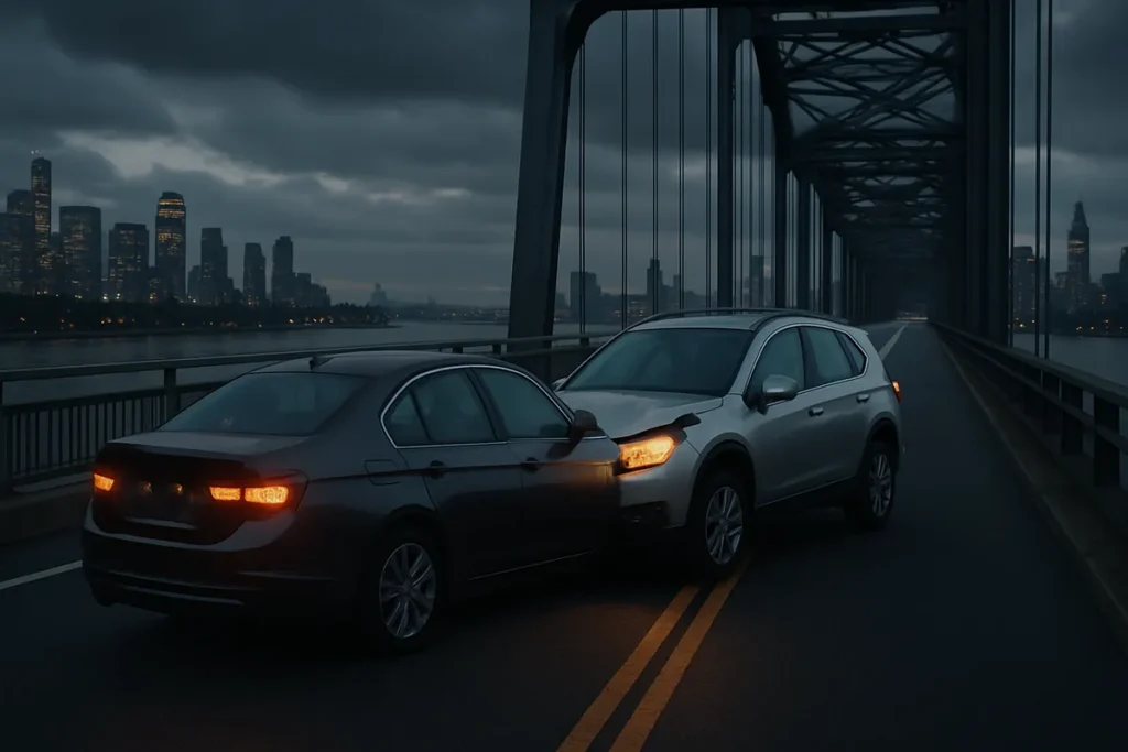 Car accident on a bridge along the New York–New Jersey state border