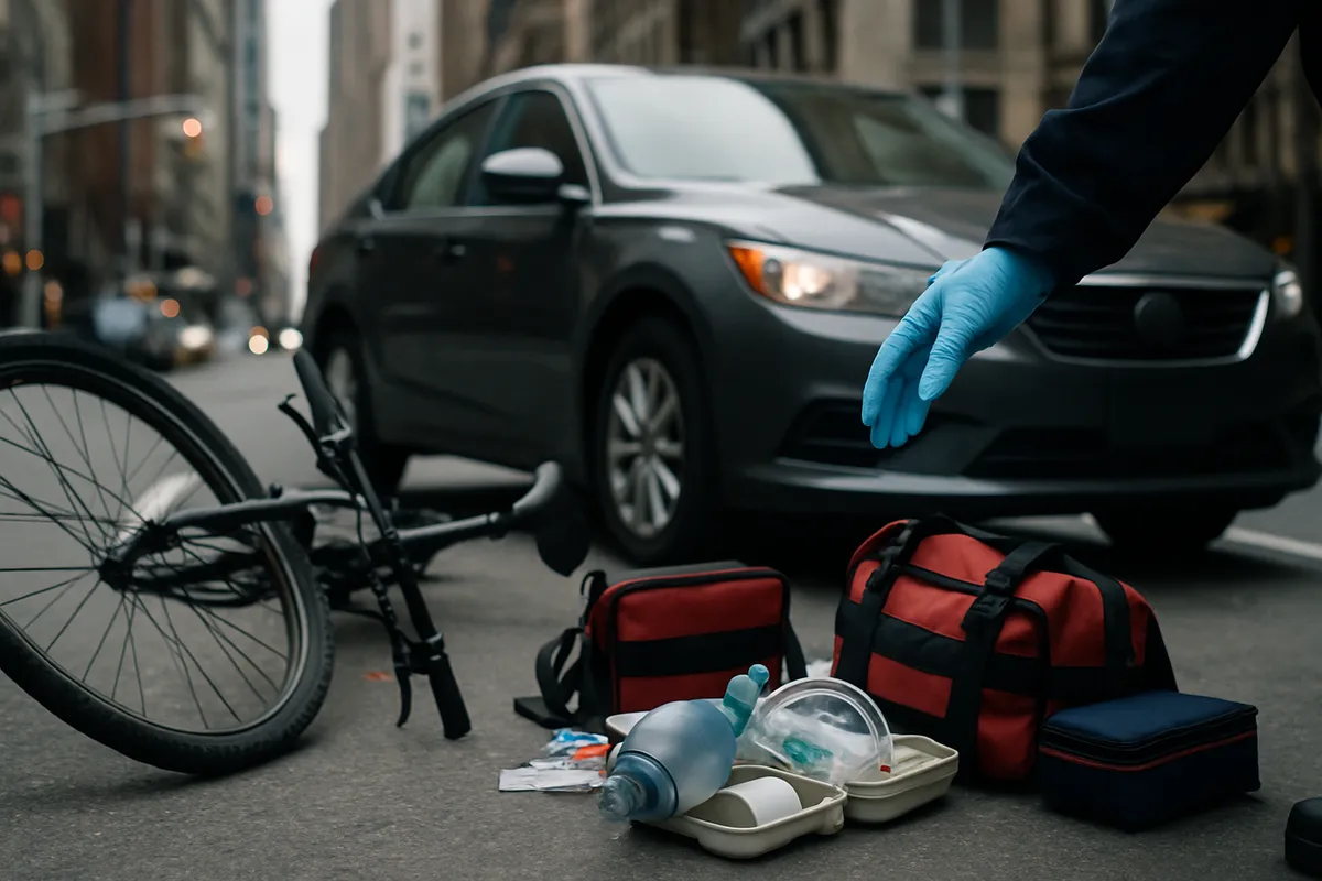 Bicycle down on a New York street after a car collision with EMS responding, illustrating No-Fault medical coverage
