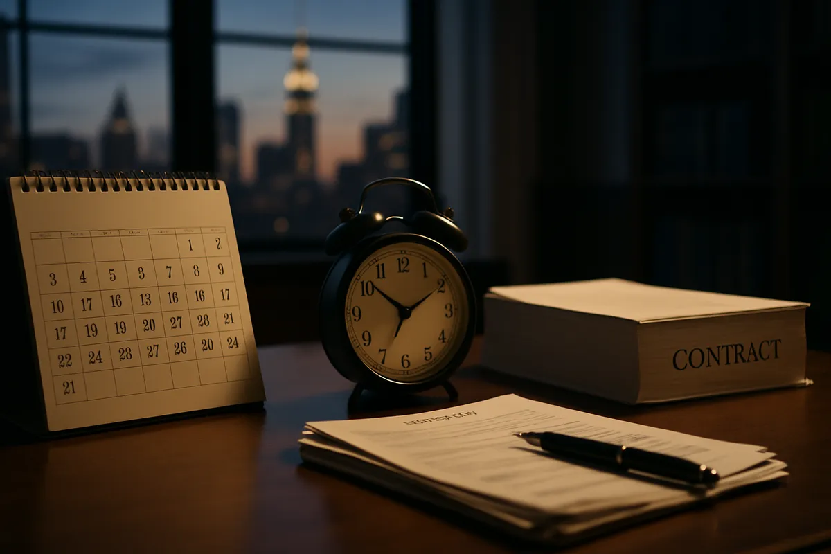 Calendar and clock beside a contract symbolizing the New York commercial litigation statute of limitations